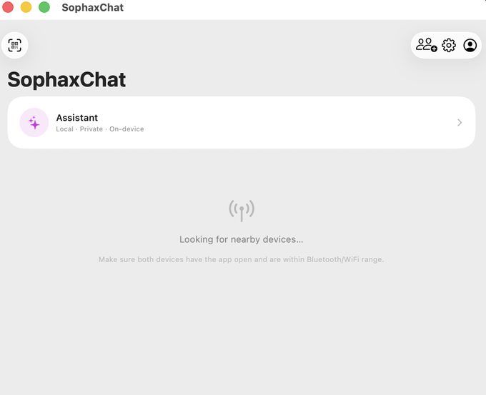 SophaxChat on a Mac, looking for nearby devices over Bluetooth and Wi‑Fi.