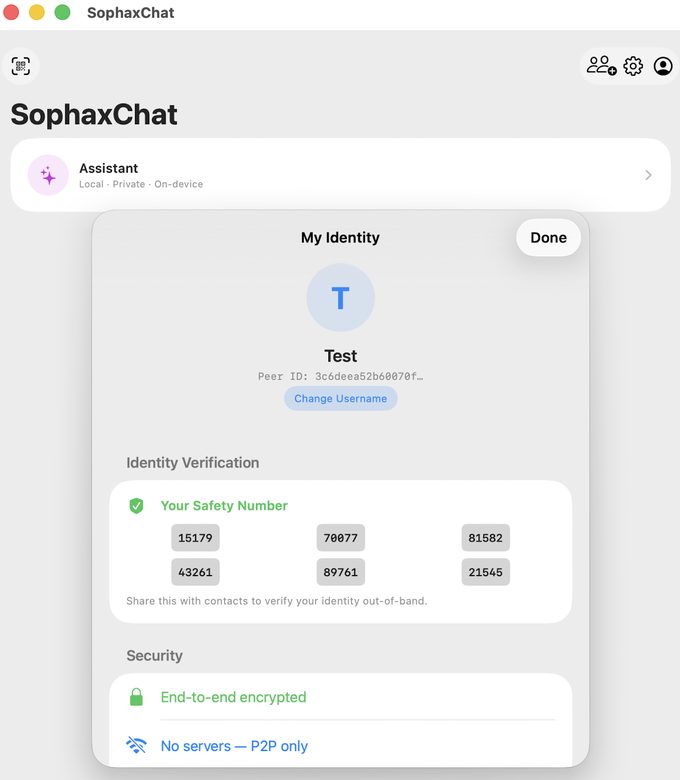 The identity screen: a safety number to compare with contacts, end-to-end encrypted, no servers — peer to peer only.
